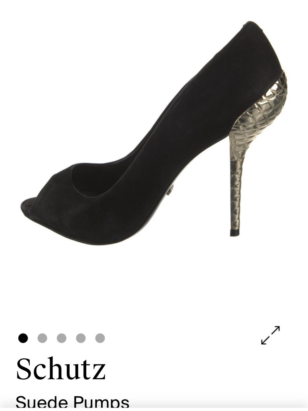 SCHUTZ Black Suede Peep-Toe Pump with Gold Textured Heel